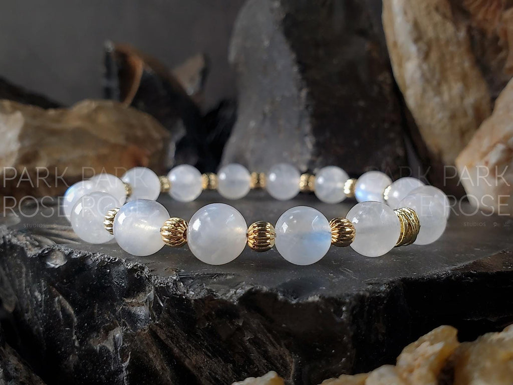 Transparent Moonstone Bracelet: Gold Filled/Sterling Silver Corrugated Accents (8mm)