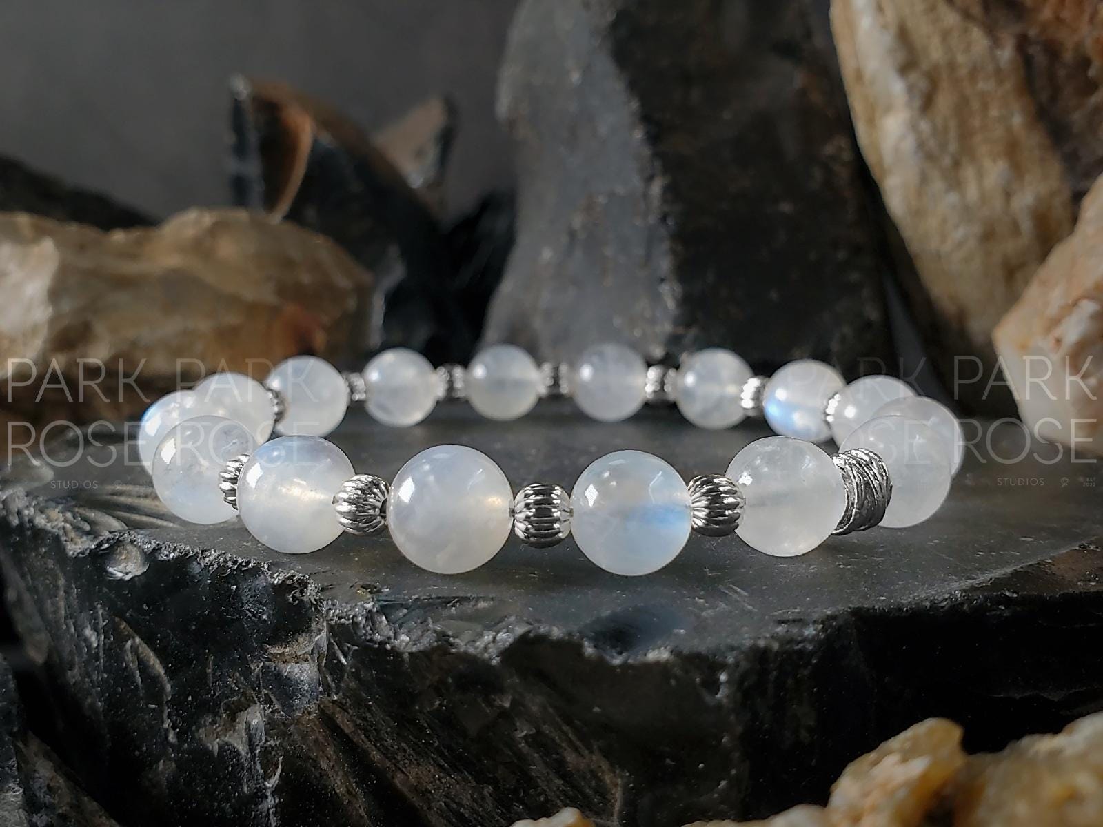 Transparent Moonstone Bracelet: Gold Filled/Sterling Silver Corrugated Accents (8mm)