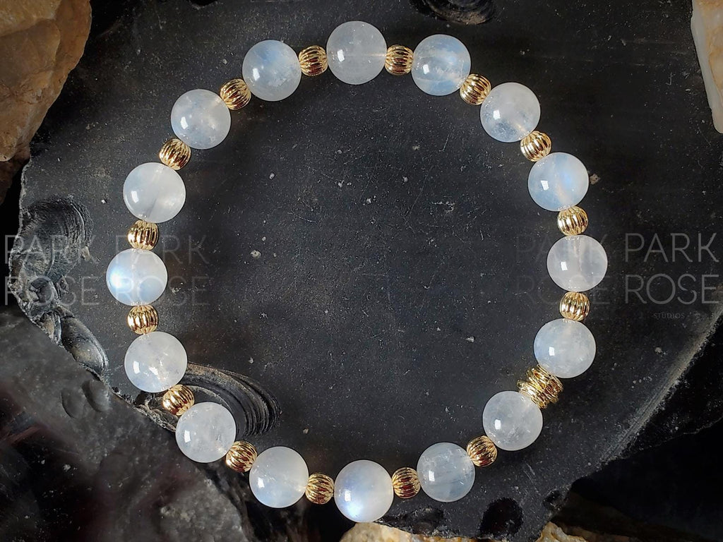 Transparent Moonstone Bracelet: Gold Filled/Sterling Silver Corrugated Accents (8mm)