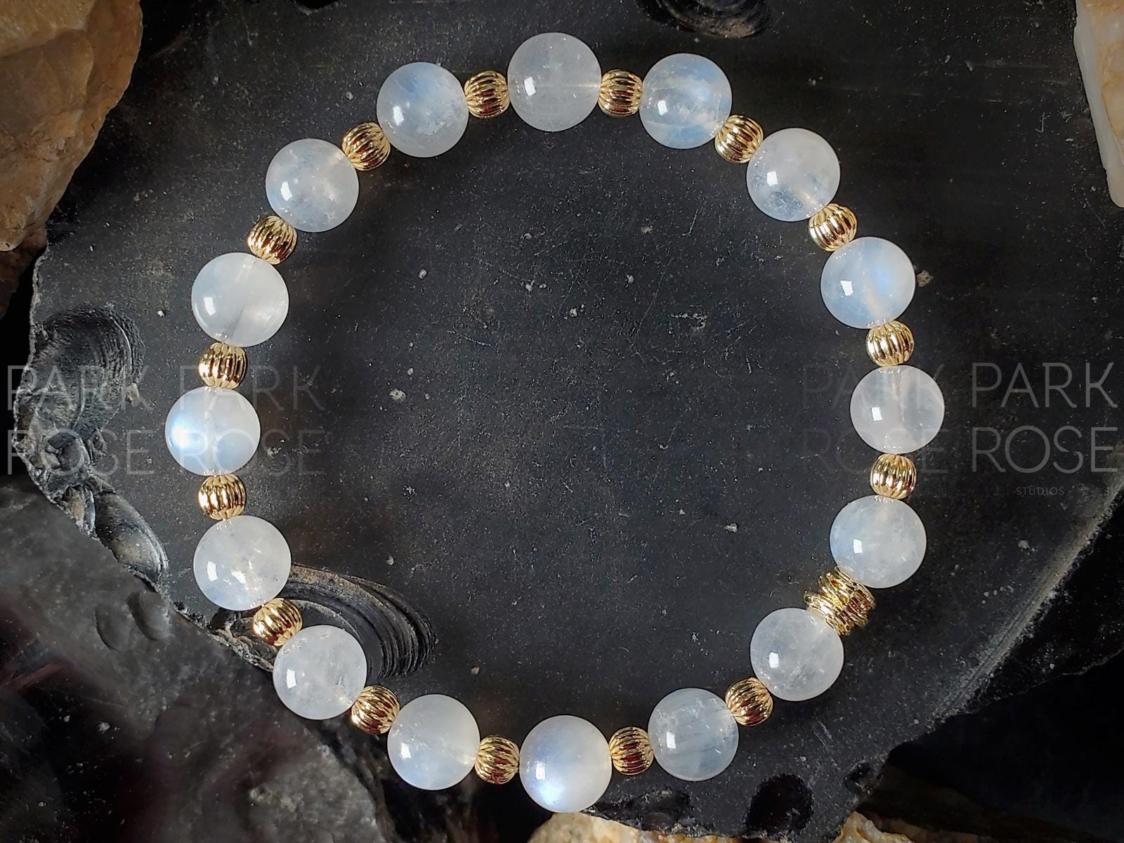 Transparent Moonstone Bracelet: Gold Filled/Sterling Silver Corrugated Accents (8mm)