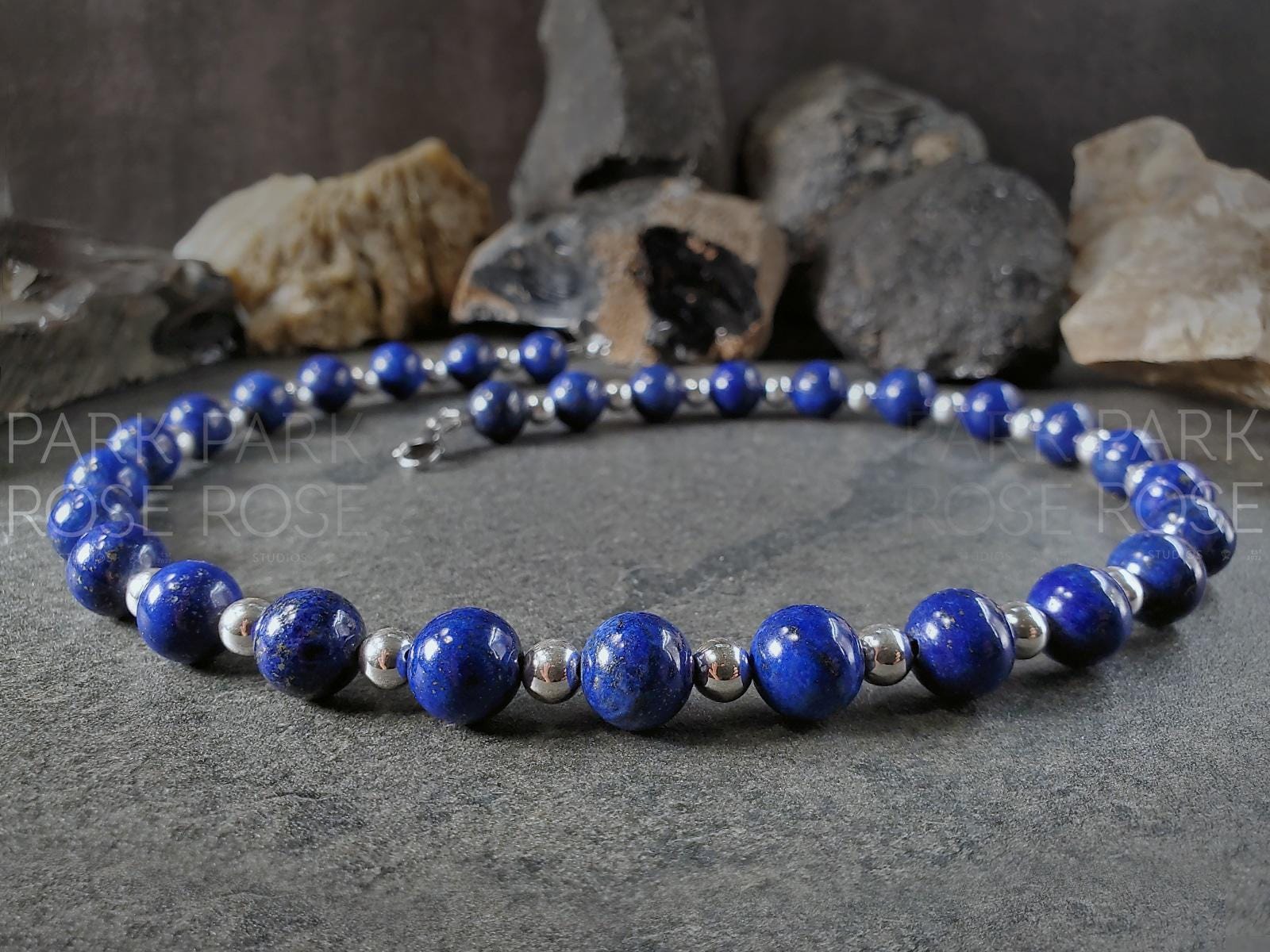 Chunky  Lapis Lazuli Sterling Silver Necklace (10mm)