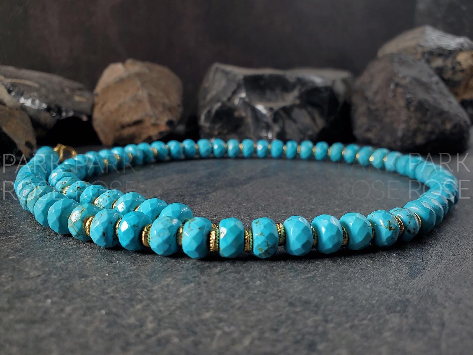 Faceted Turquoise Beaded Necklace: Stainless Steel or 18K Gold Coated Clasp