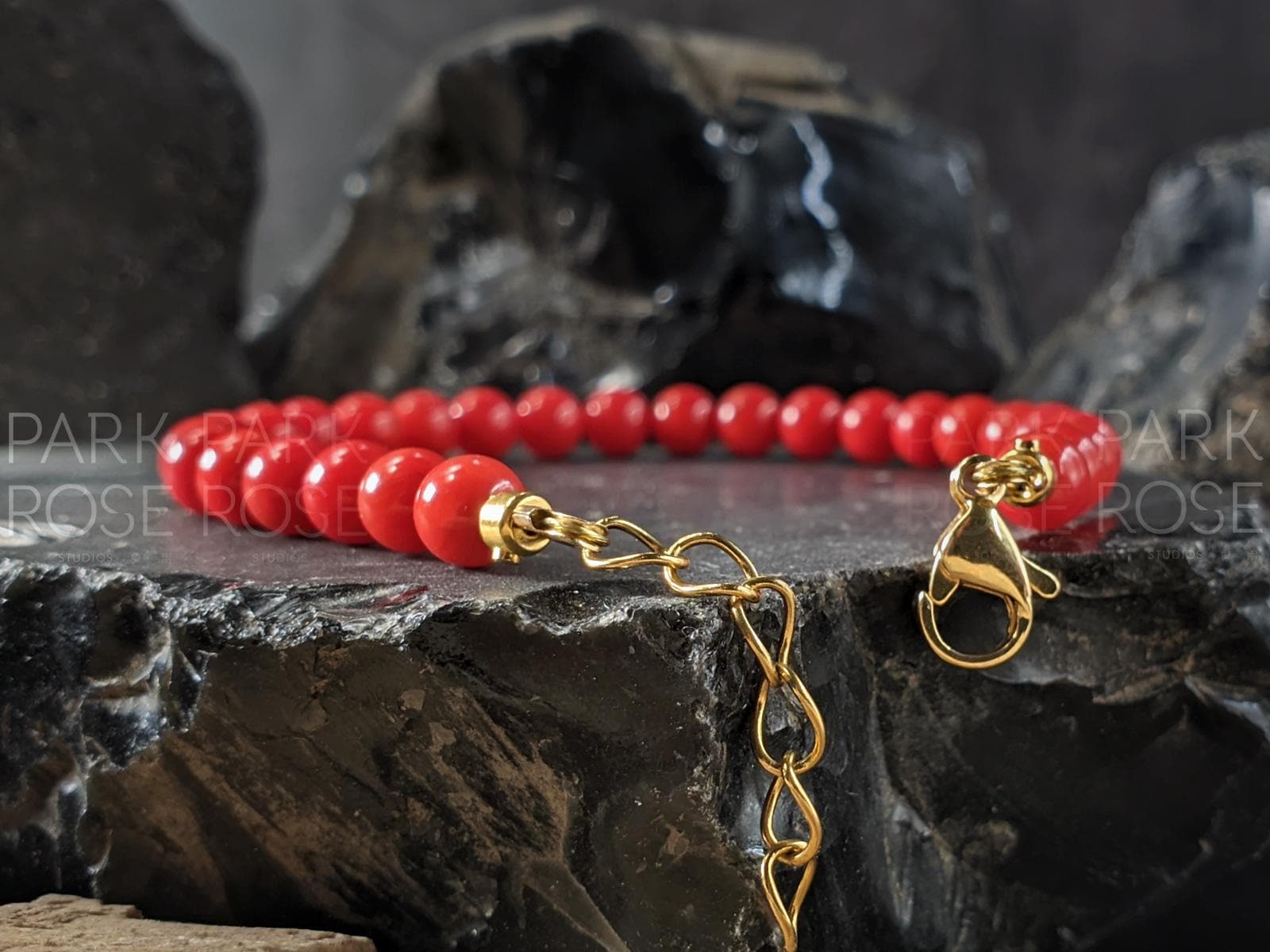 Dainty Red Coral Bracelet: 24K Gold Plated or Stainless Steel Clasp (5mm)