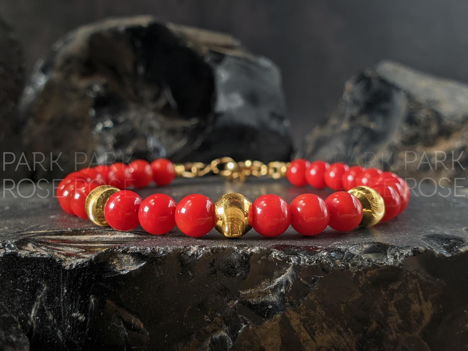 Dainty Red Coral Bracelet: 24K Gold Cat Eye Bead (5mm)