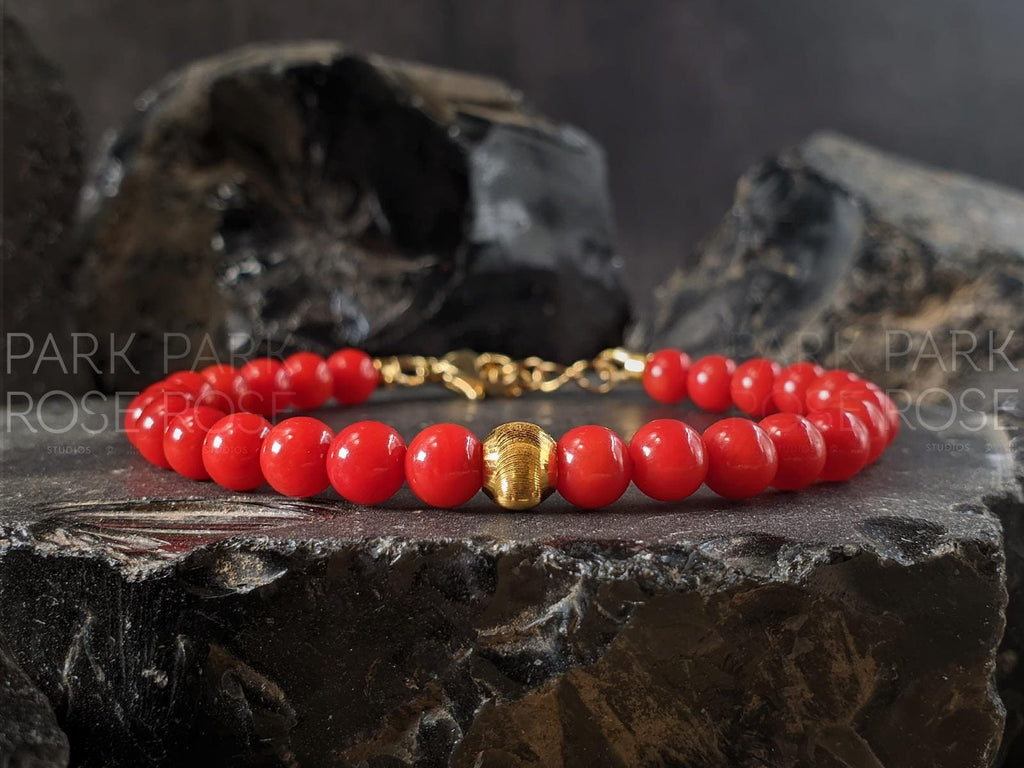 Dainty Red Coral Bracelet: 24K Gold Cat Eye Bead (5mm)