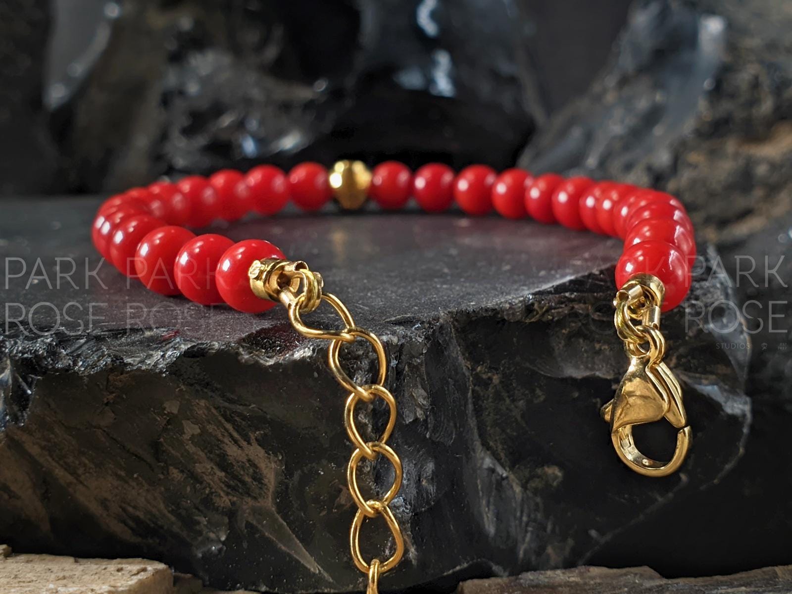 Dainty Red Coral Bracelet: 24K Gold Cat Eye Bead (5mm)