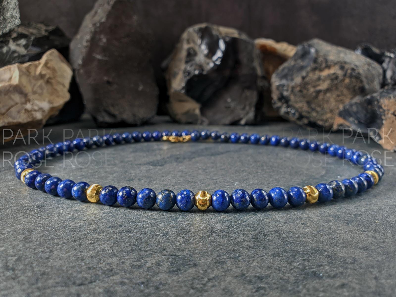 Lapis Lazuli Necklace: 24K Gold Cat Eye Beads (6mm)
