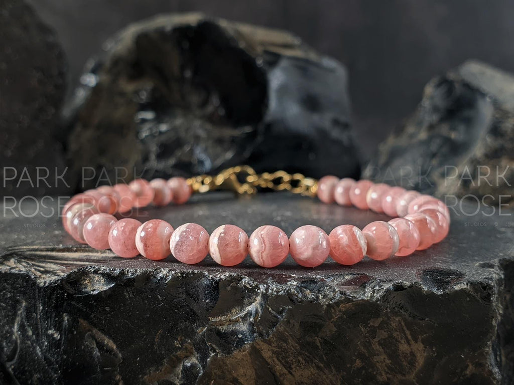 Dainty Rhodochrosite Bracelet: 24K Gold Coated/Stainless Steel Accents