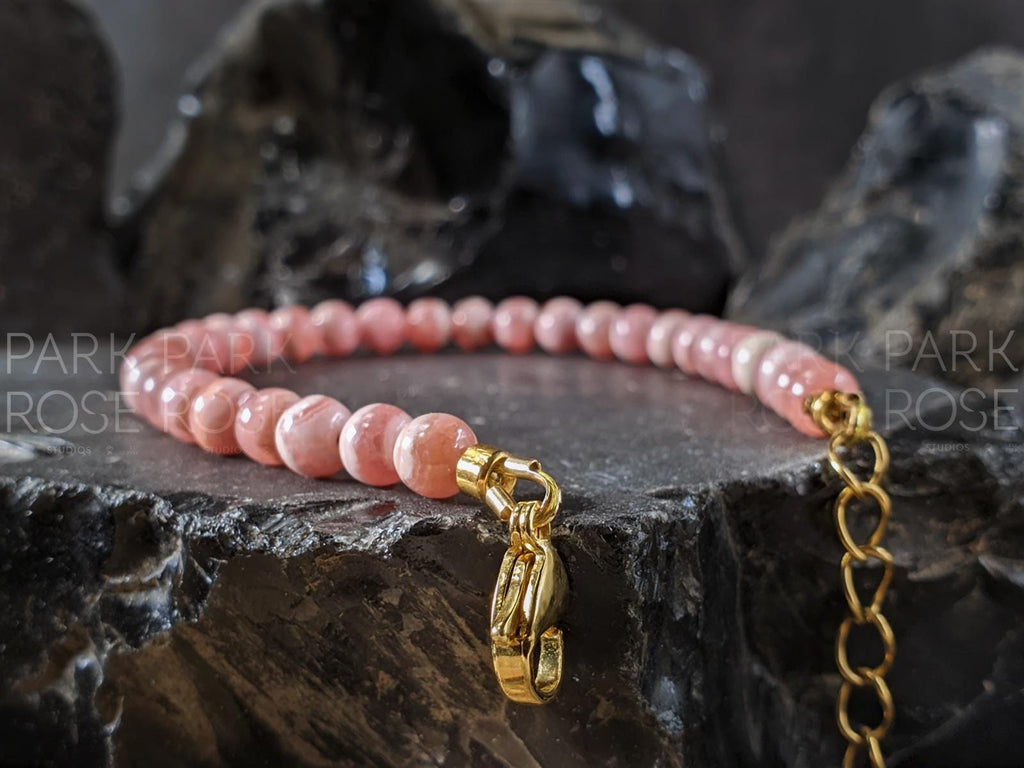 Dainty Rhodochrosite Bracelet: 24K Gold Coated/Stainless Steel Accents