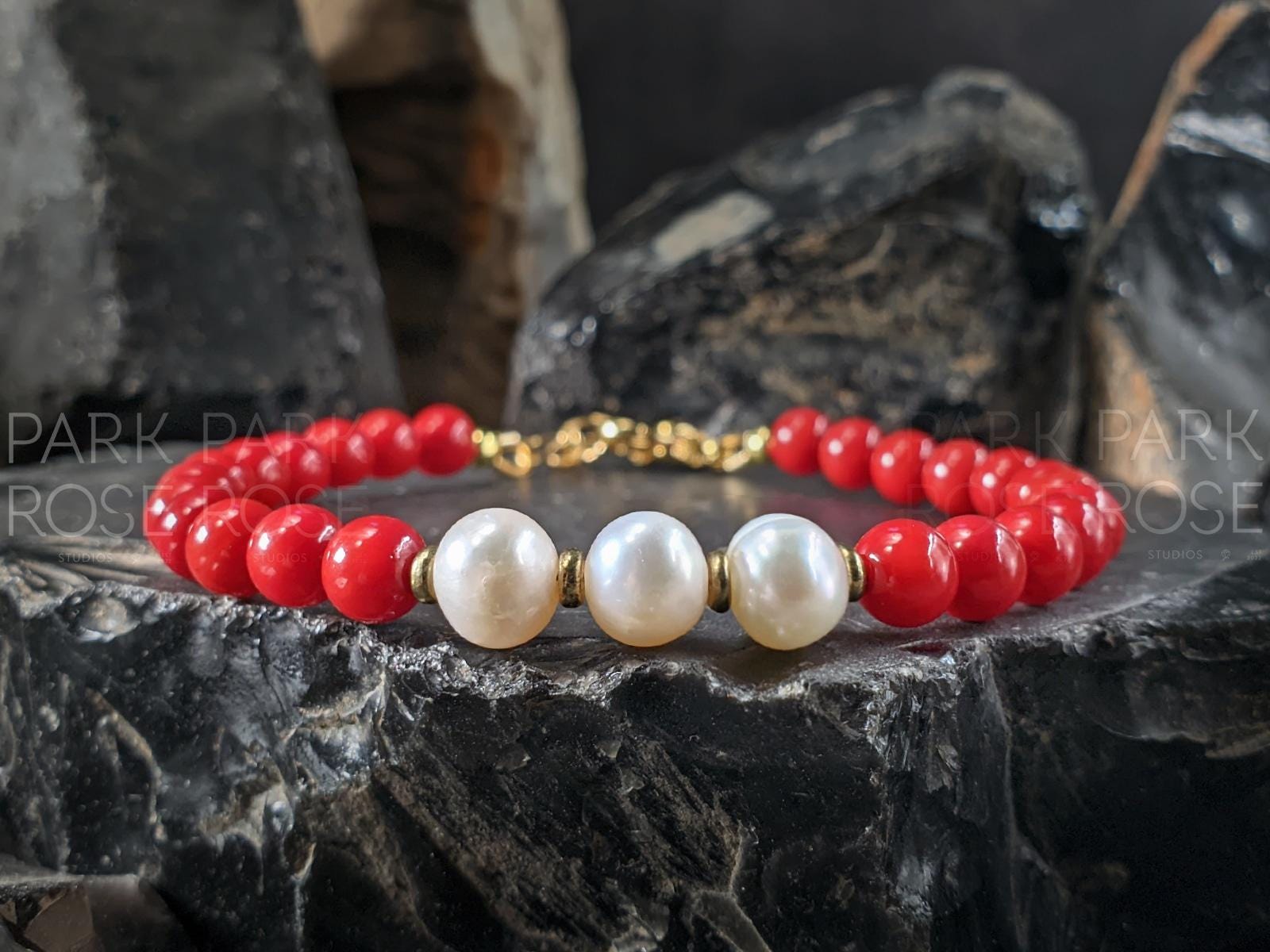 Red Coral & Baroque Pearl Bracelet: 24k Gold Coated or Stainless Steel Accents (5mm)