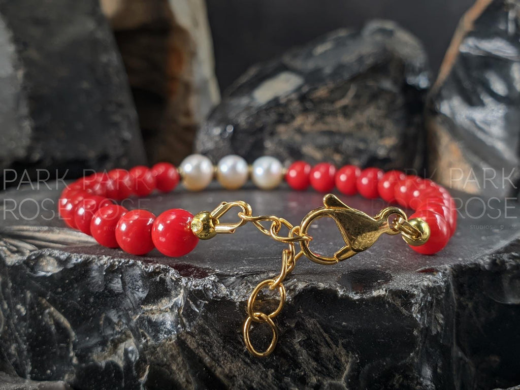 Red Coral & Baroque Pearl Bracelet: 24k Gold Coated or Stainless Steel Accents (5mm)