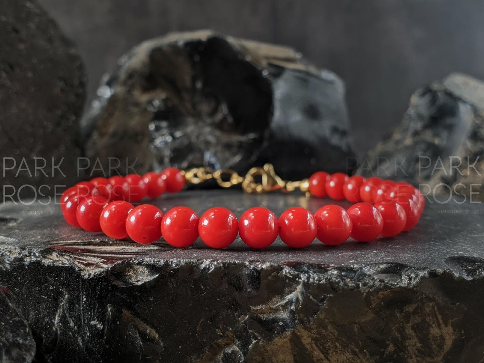 Dainty Red Coral Bracelet: 24K Gold Plated or Stainless Steel Clasp (5mm)