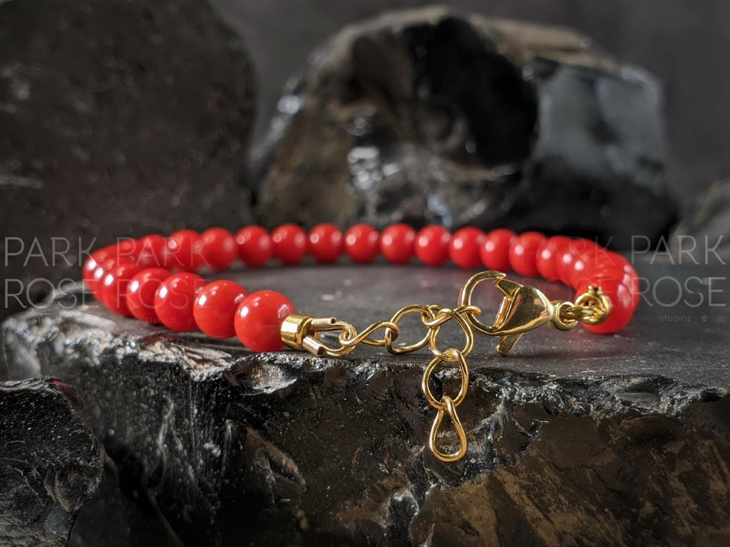 Dainty Red Coral Bracelet: 24K Gold Plated or Stainless Steel Clasp (5mm)