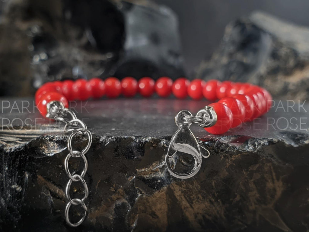 Dainty Red Coral Bracelet: 24K Gold Plated or Stainless Steel Clasp (5mm)