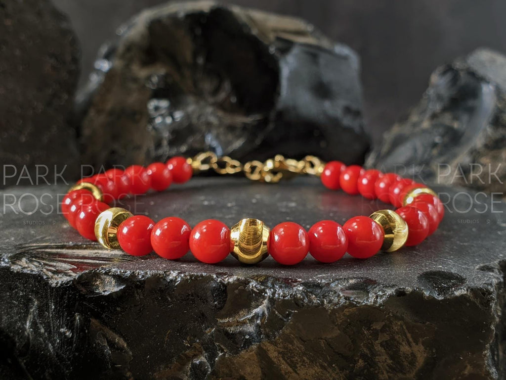 Dainty Red Coral Bracelet: 24K Gold Cat Eye Bead (5mm)