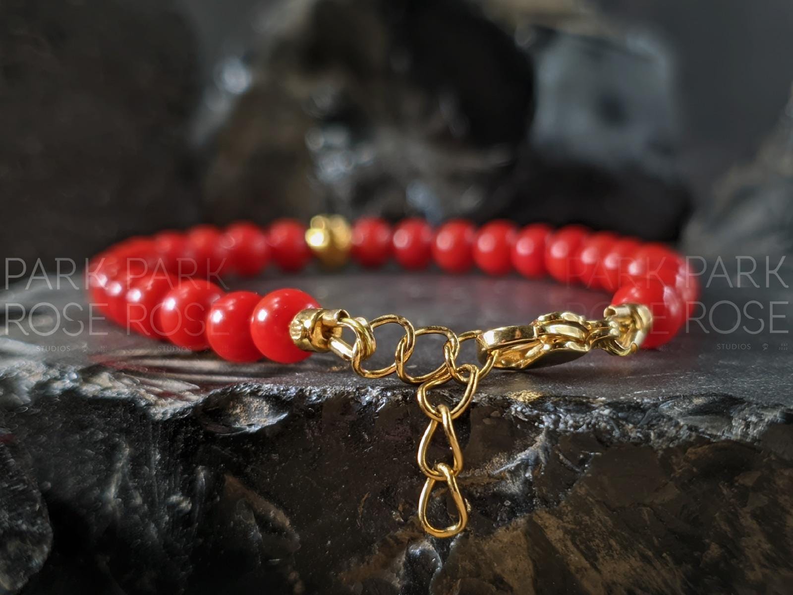 Dainty Red Coral Bracelet: 24K Gold Cat Eye Bead (5mm)