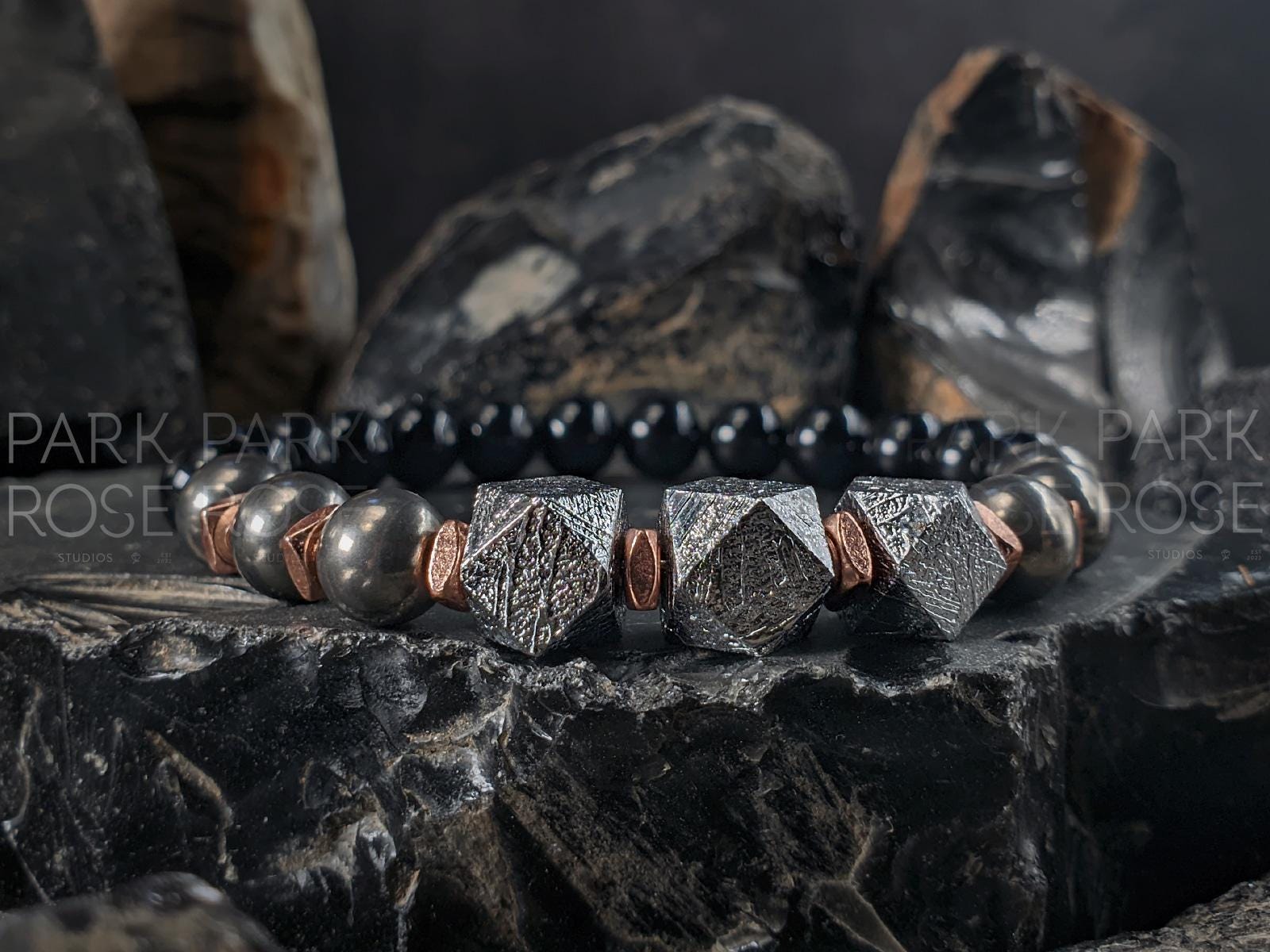 Certified Gibeon Meteorite, Titanium & Copper Gemstone Bracelet (8mm)