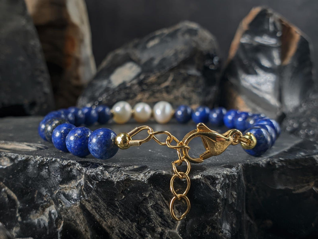 Lapis Lazuli & Baroque Pearl Bracelet: 24K Gold Coated or Stainless Steel Clasp (6mm)