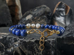 Lapis Lazuli & Baroque Pearl Bracelet: 24K Gold Coated or Stainless Steel Clasp (6mm)