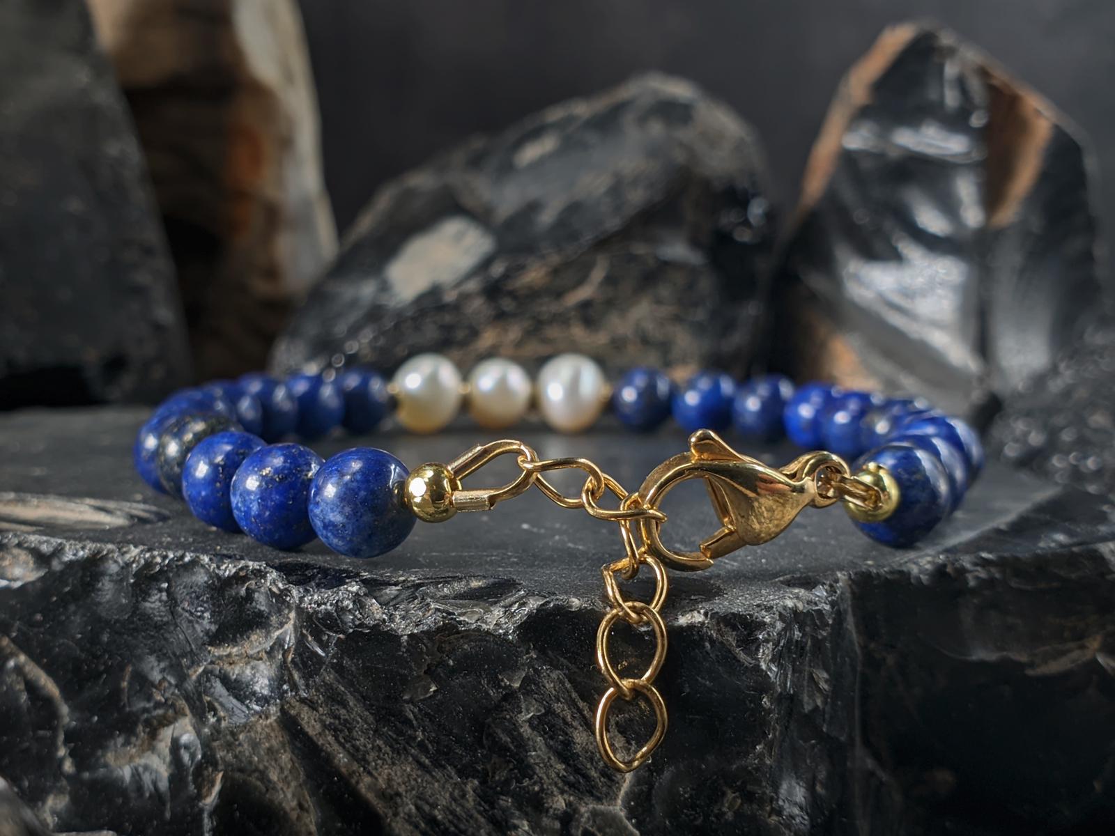 Lapis Lazuli & Baroque Pearl Bracelet: 24K Gold Coated or Stainless Steel Clasp (6mm)