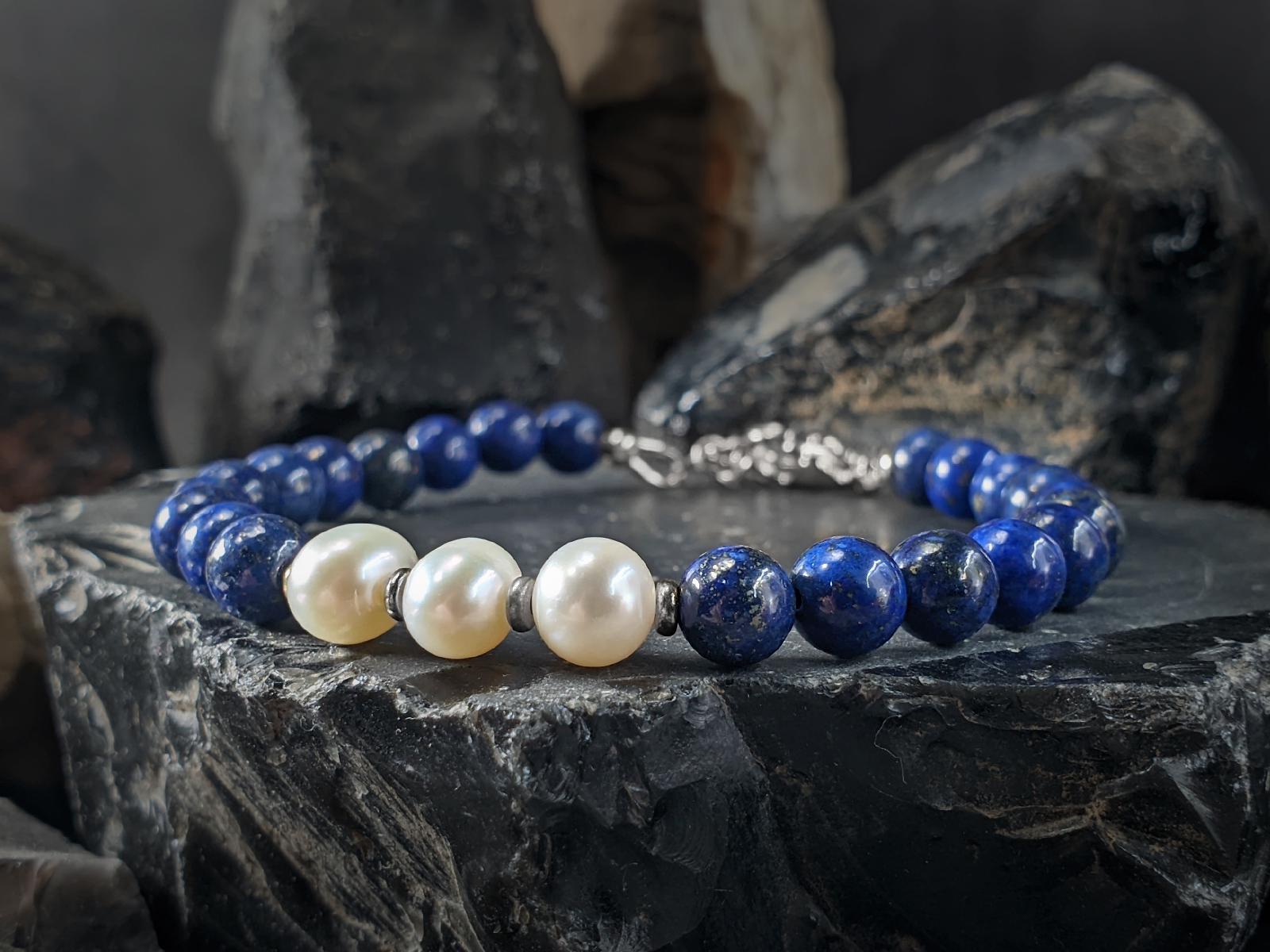 Lapis Lazuli & Baroque Pearl Bracelet: 24K Gold Coated or Stainless Steel Clasp (6mm)