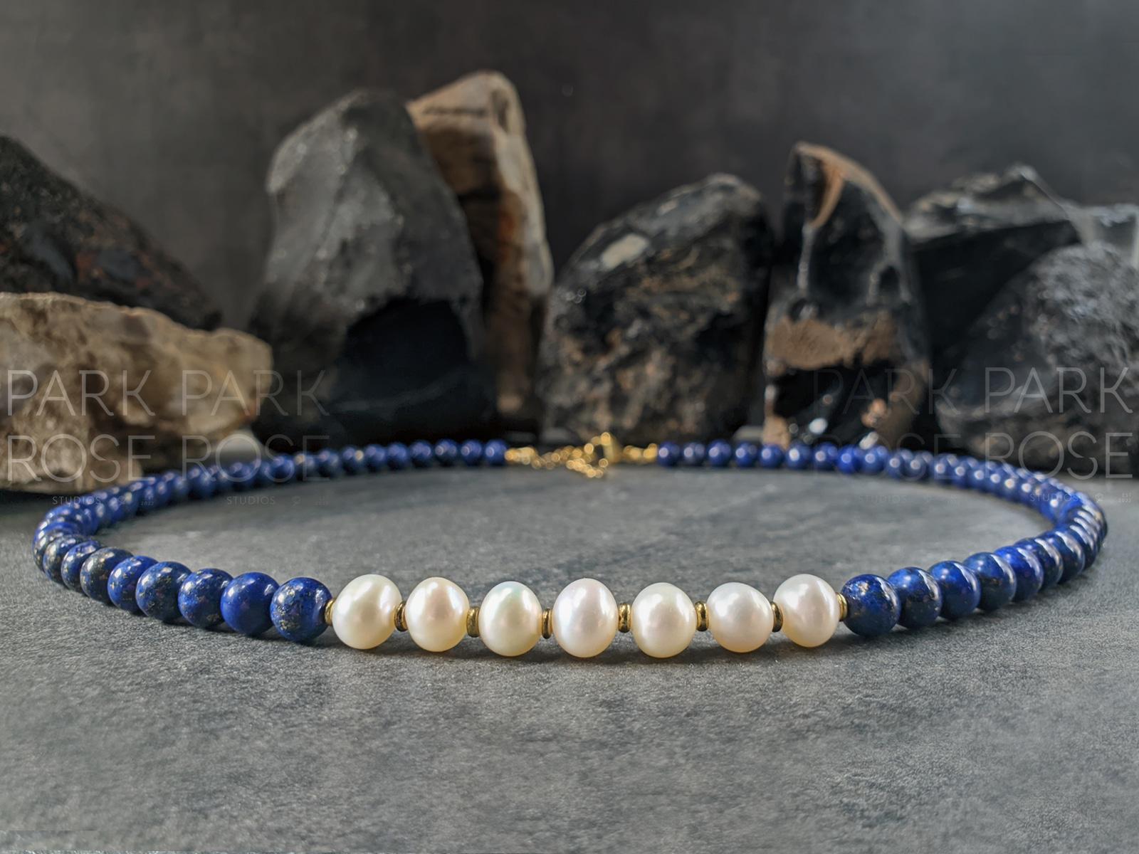 Lapis Lazuli & Baroque Pearl Necklace: 24K Gold Clasp
