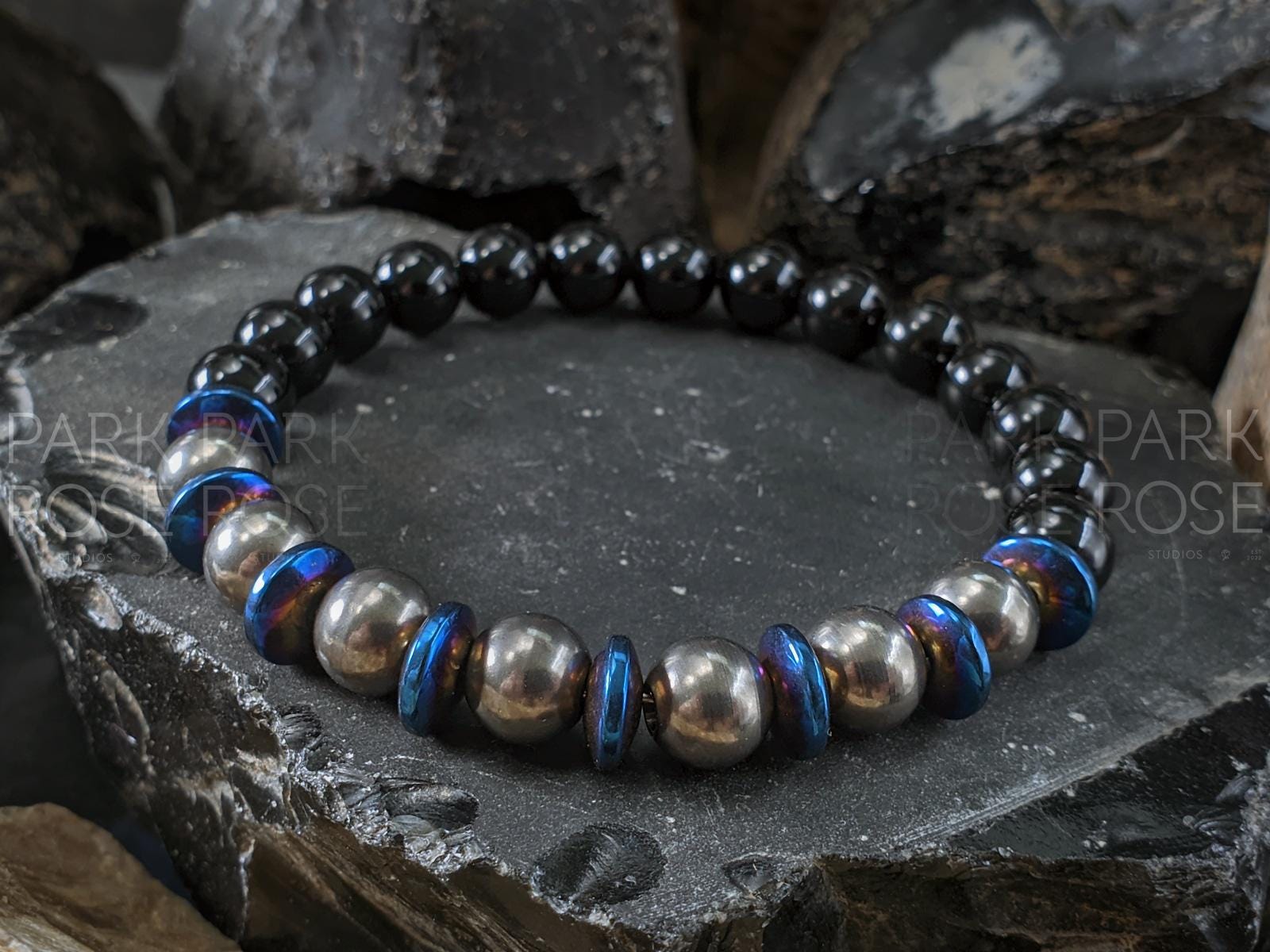 Titanium Bracelet: Black Tourmaline with Copper or Hematite Accents (8mm)