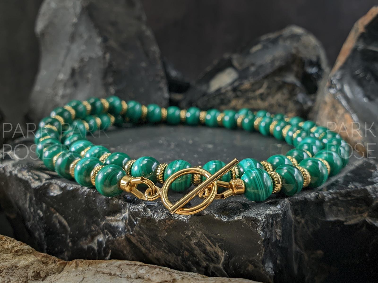 Congo Malachite Gemstone Necklace: 14k Gold Filled Toggle Clasp Jewelry (6mm)