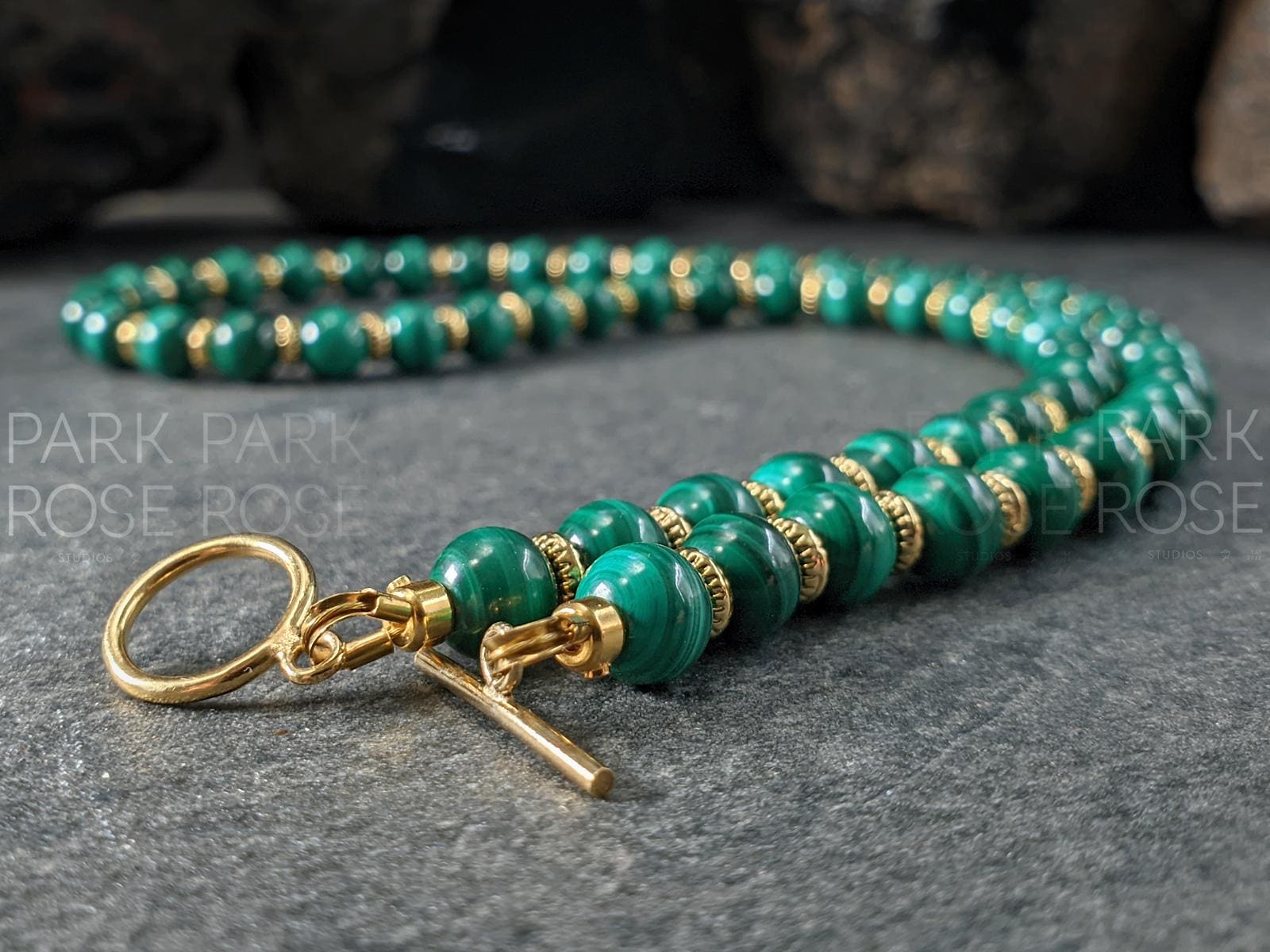 Congo Malachite Gemstone Necklace: 14k Gold Filled Toggle Clasp Jewelry (6mm)