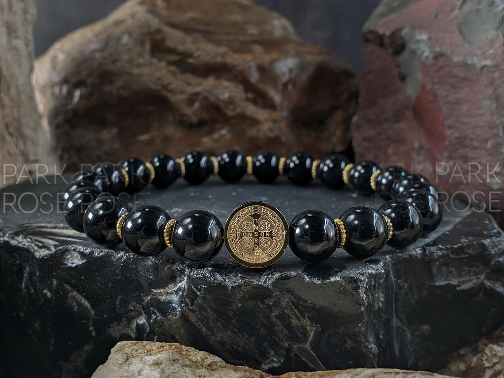 Saint Benedict Gemstone Bracelet: Gold or Silver Cross, Black Tourmaline, Amethyst, Carnelian