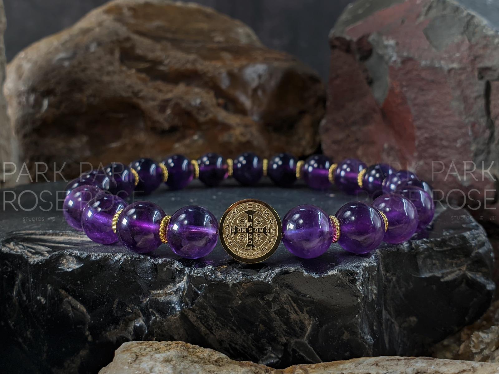 Saint Benedict Gemstone Bracelet: Gold or Silver Cross, Black Tourmaline, Amethyst, Carnelian