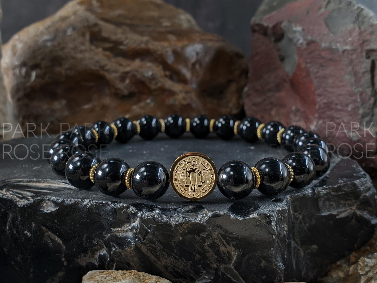 Saint Benedict Gemstone Bracelet: Gold or Silver Cross, Black Tourmaline, Amethyst, Carnelian