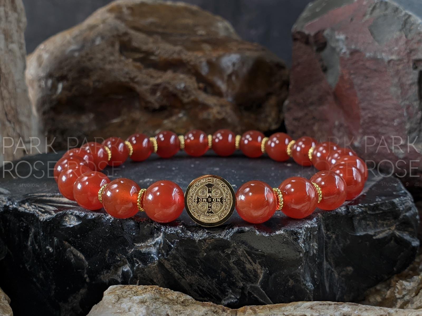 Saint Benedict Gemstone Bracelet: Gold or Silver Cross, Black Tourmaline, Amethyst, Carnelian