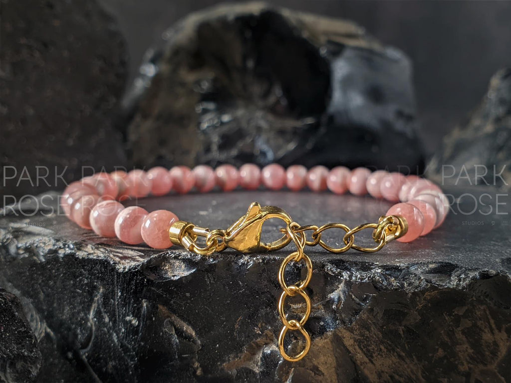 Dainty Rhodochrosite Bracelet: 24K Gold Coated/Stainless Steel Accents
