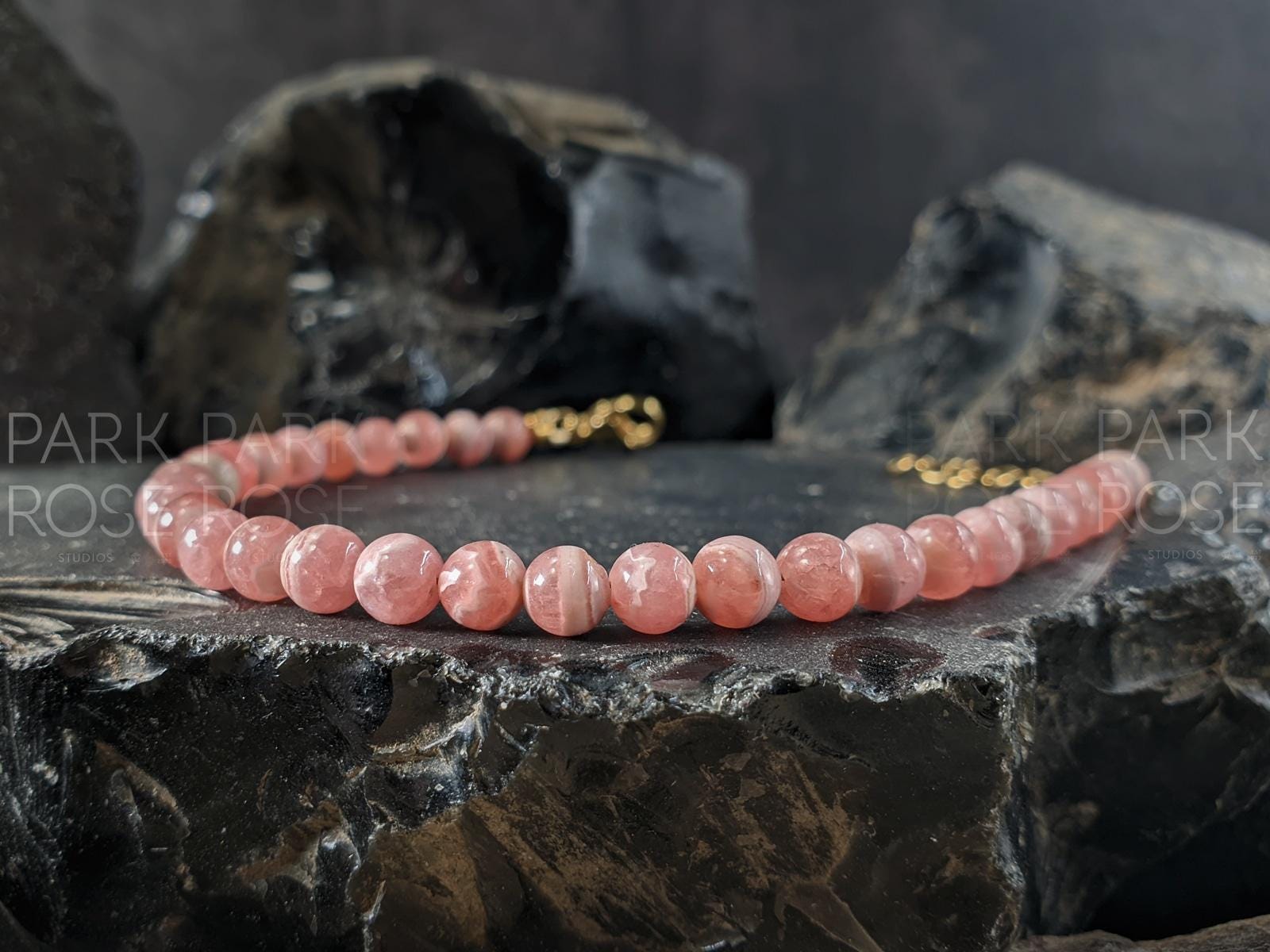 Dainty Rhodochrosite Bracelet: 24K Gold Coated/Stainless Steel Accents