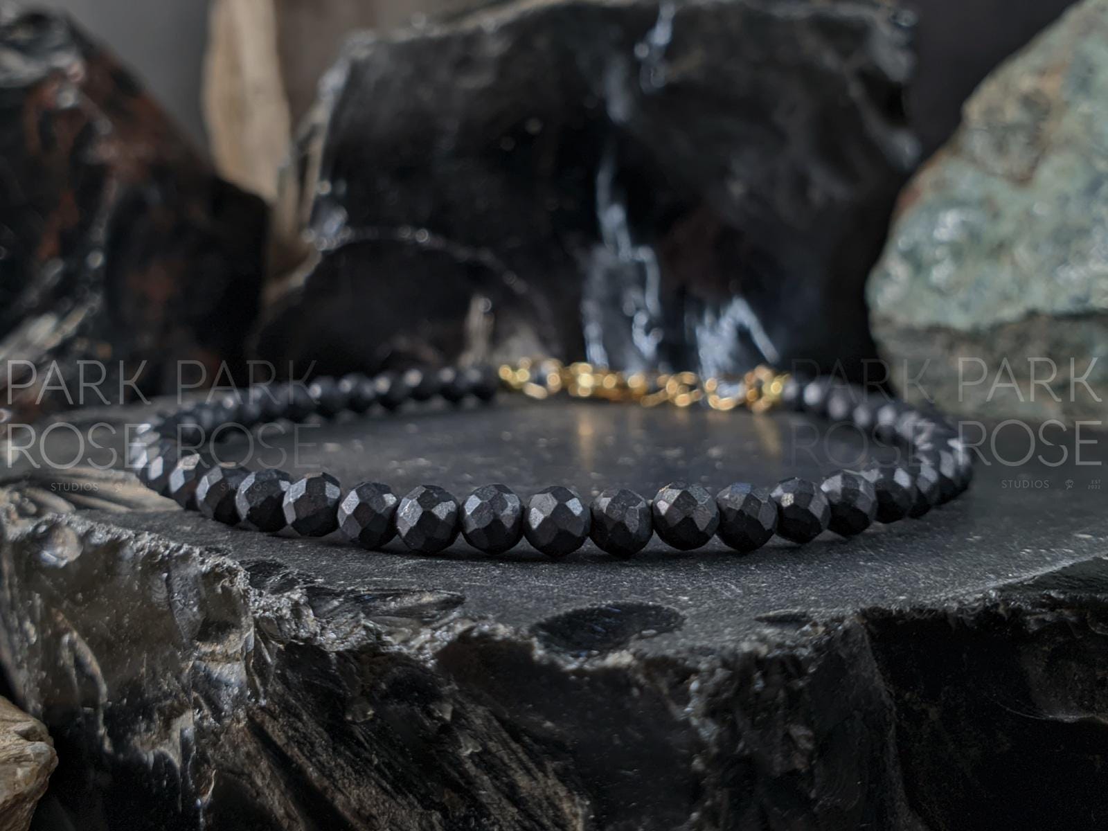 Dainty Faceted Shungite Bracelet / Anklet: 24K Gold Clasp (4mm)