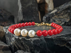 Red Coral & Baroque Pearl Bracelet: 24k Gold Coated or Stainless Steel Accents (5mm)