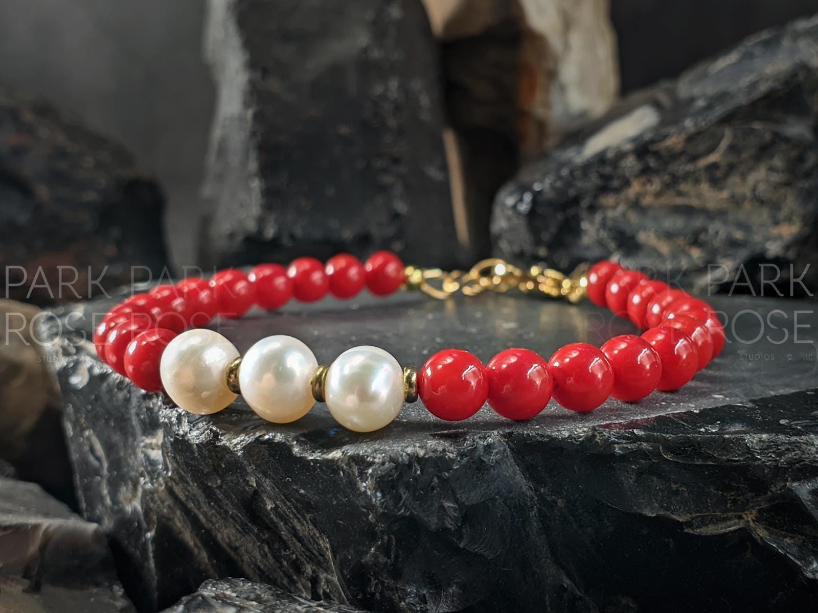 Red Coral & Baroque Pearl Bracelet: 24k Gold Coated or Stainless Steel Accents (5mm)