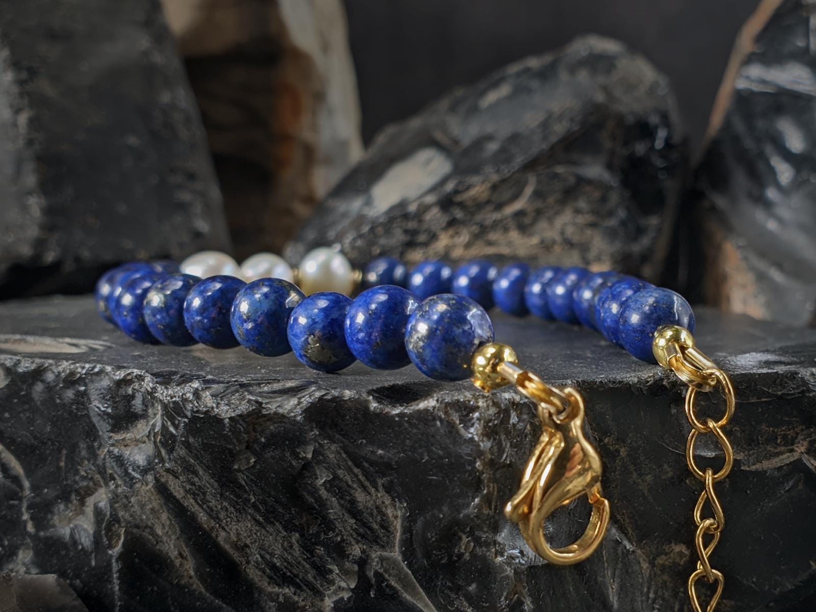 Lapis Lazuli & Baroque Pearl Bracelet: 24K Gold Coated or Stainless Steel Clasp (6mm)