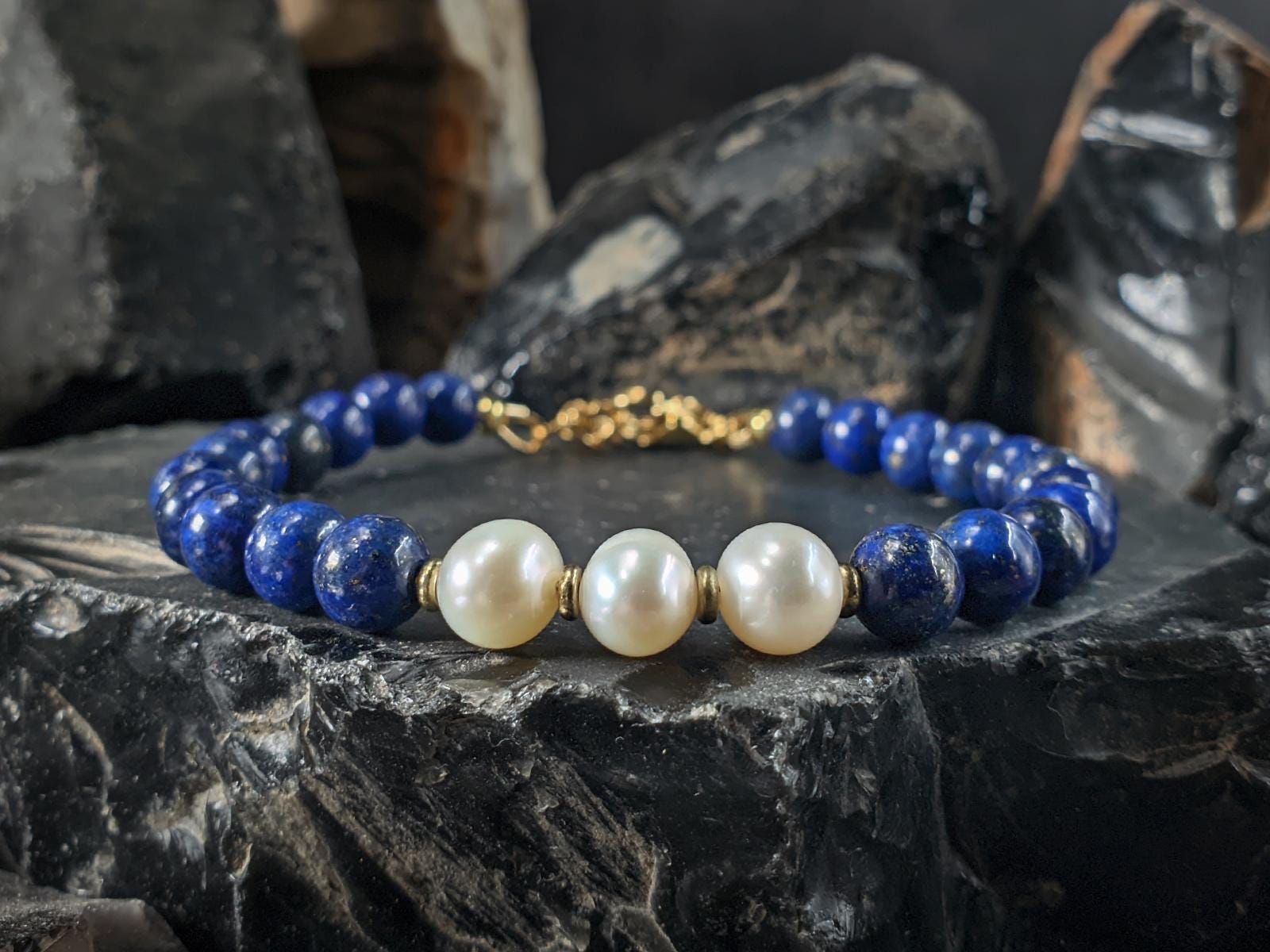 Lapis Lazuli & Baroque Pearl Bracelet: 24K Gold Coated or Stainless Steel Clasp (6mm)