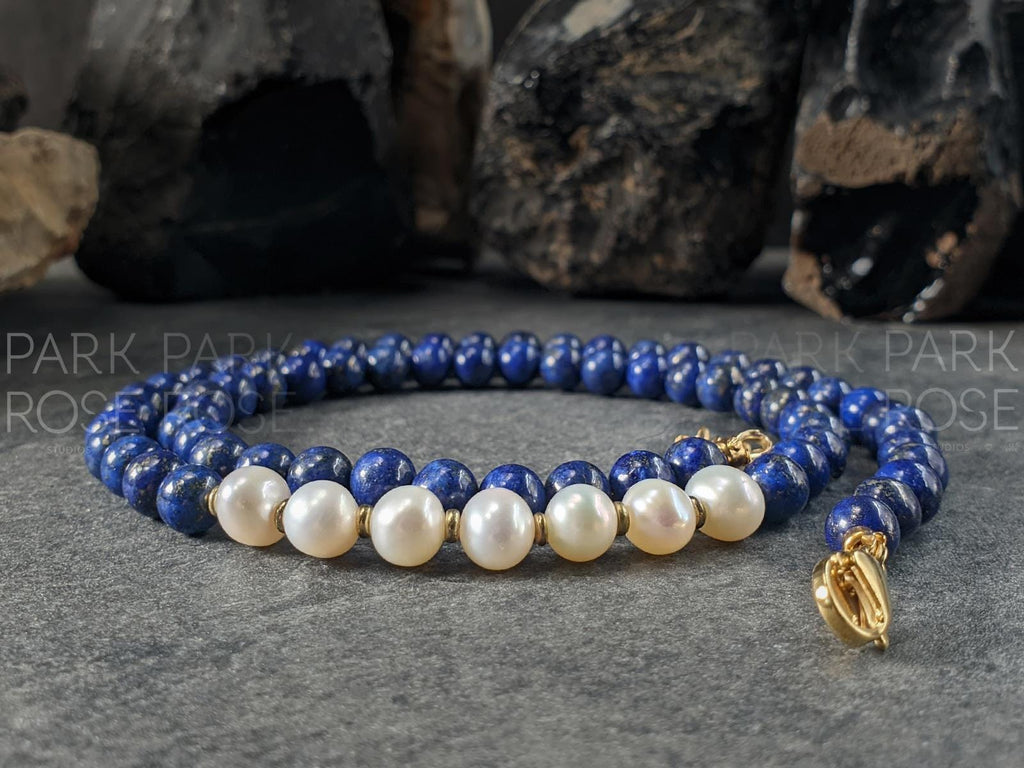 Lapis Lazuli & Baroque Pearl Necklace: 24K Gold Clasp