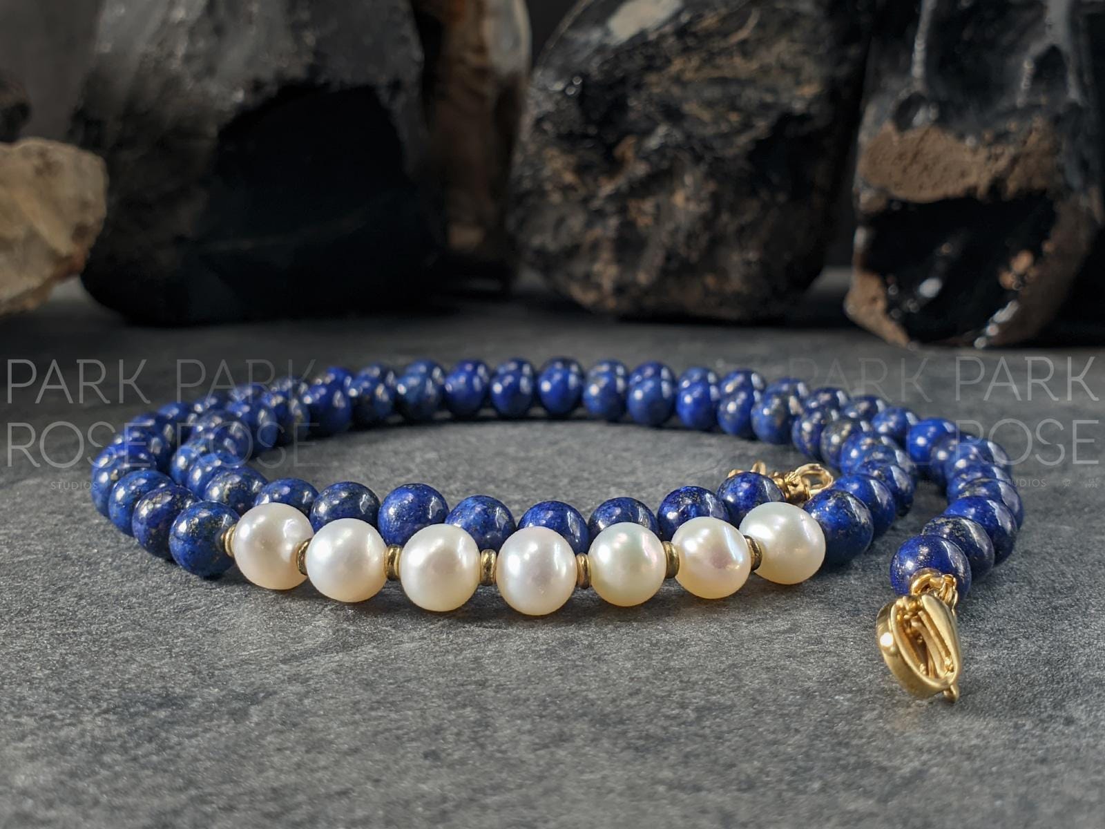Lapis Lazuli & Baroque Pearl Necklace: 24K Gold Clasp