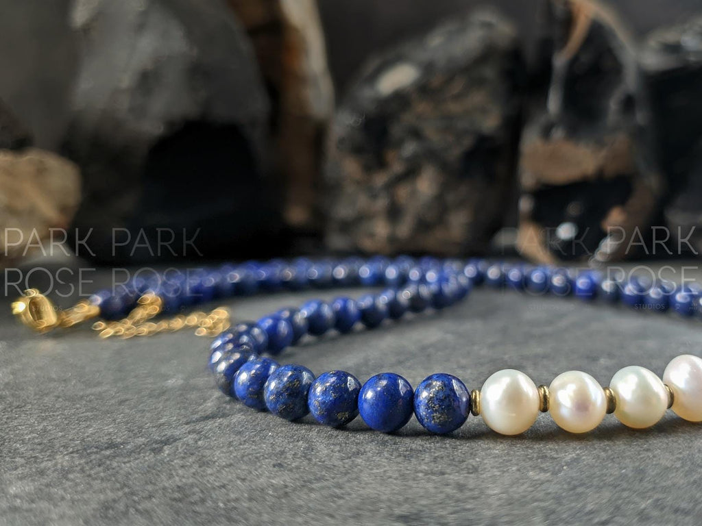 Lapis Lazuli & Baroque Pearl Necklace: 24K Gold Clasp
