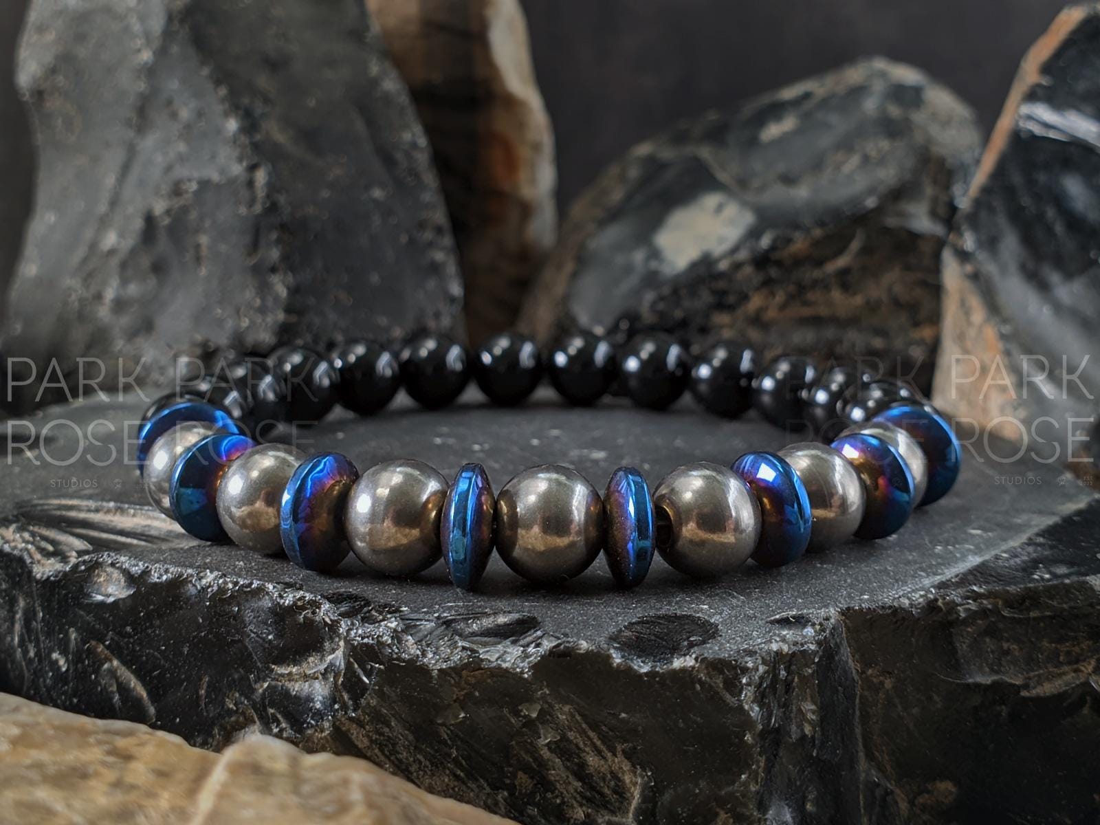 Titanium Bracelet: Black Tourmaline with Copper or Hematite Accents (8mm)