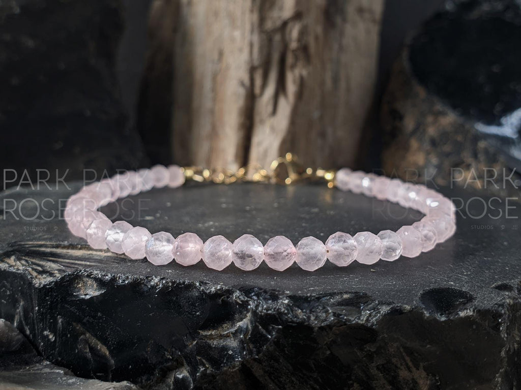 Faceted Rose Quartz Bracelet or Anklet: 24K Gold Plated or Stainless Steel (4mm)