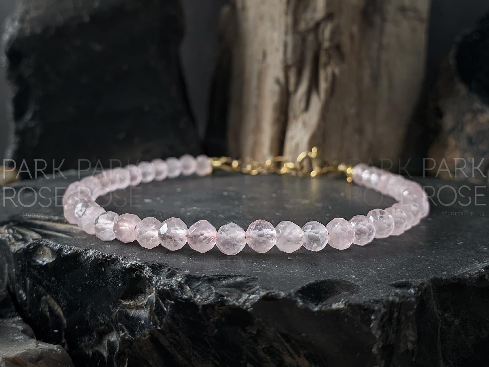 Faceted Rose Quartz Bracelet or Anklet: 24K Gold Plated or Stainless Steel (4mm)