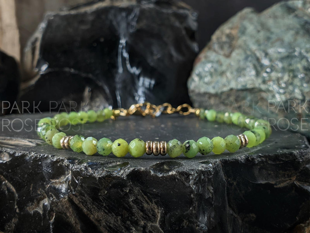 14K Gold Canadian Jade Bracelet: Dainty Faceted Nephrite Anklet