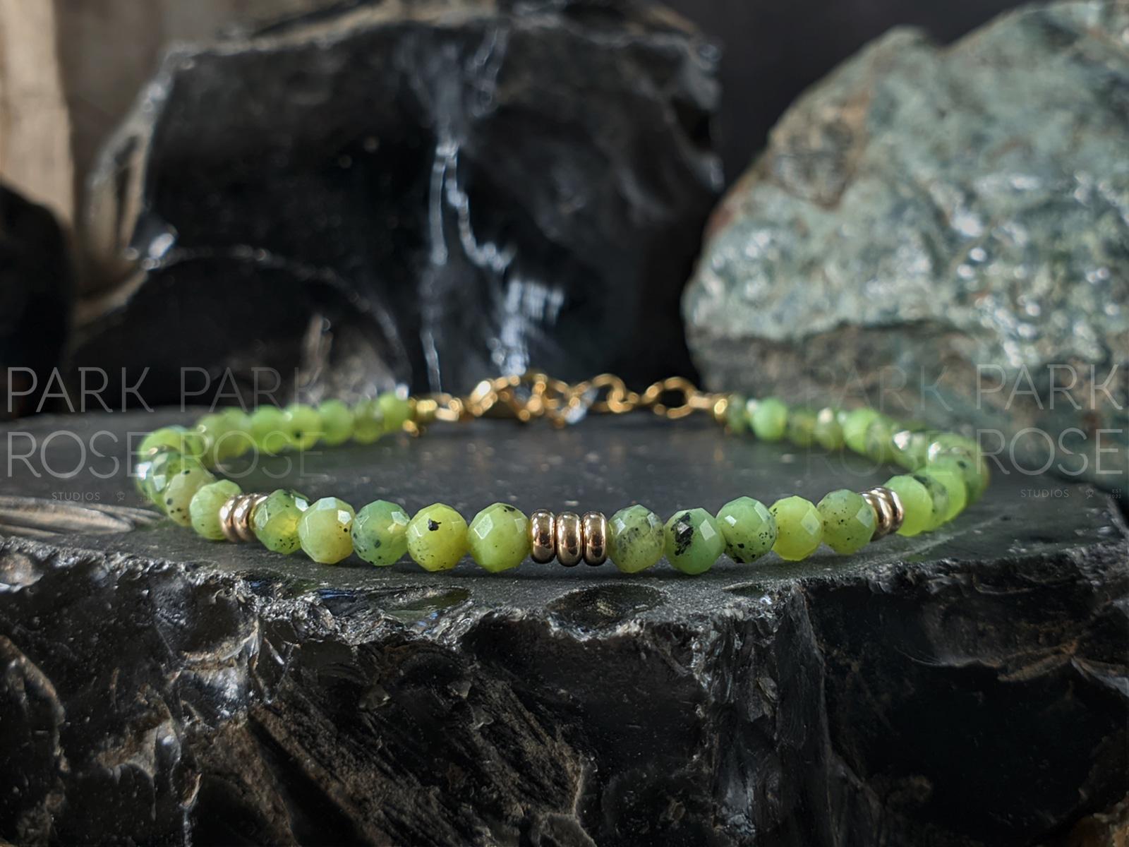 14K Gold Canadian Jade Bracelet: Dainty Faceted Nephrite Anklet