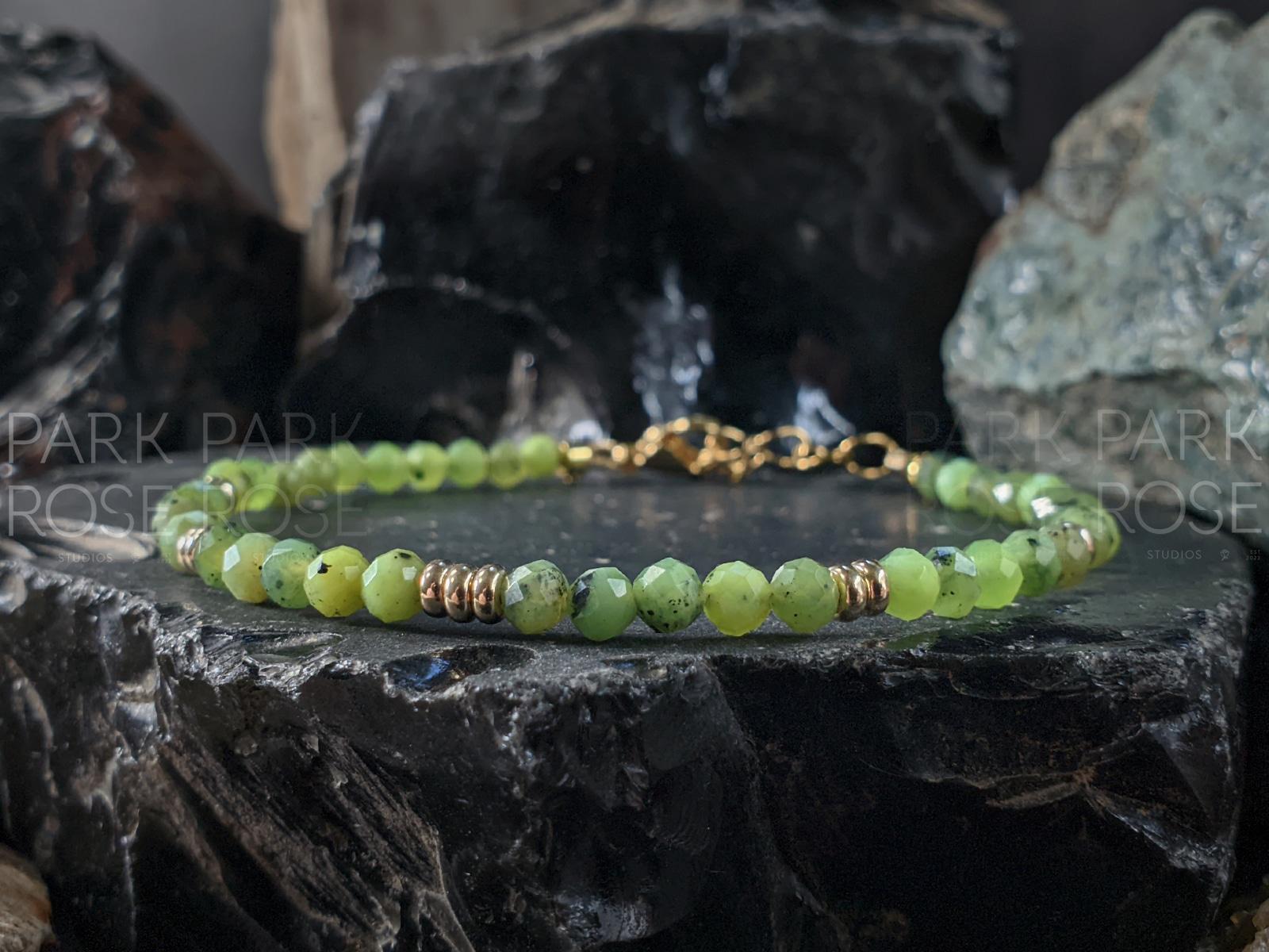 14K Gold Canadian Jade Bracelet: Dainty Faceted Nephrite Anklet