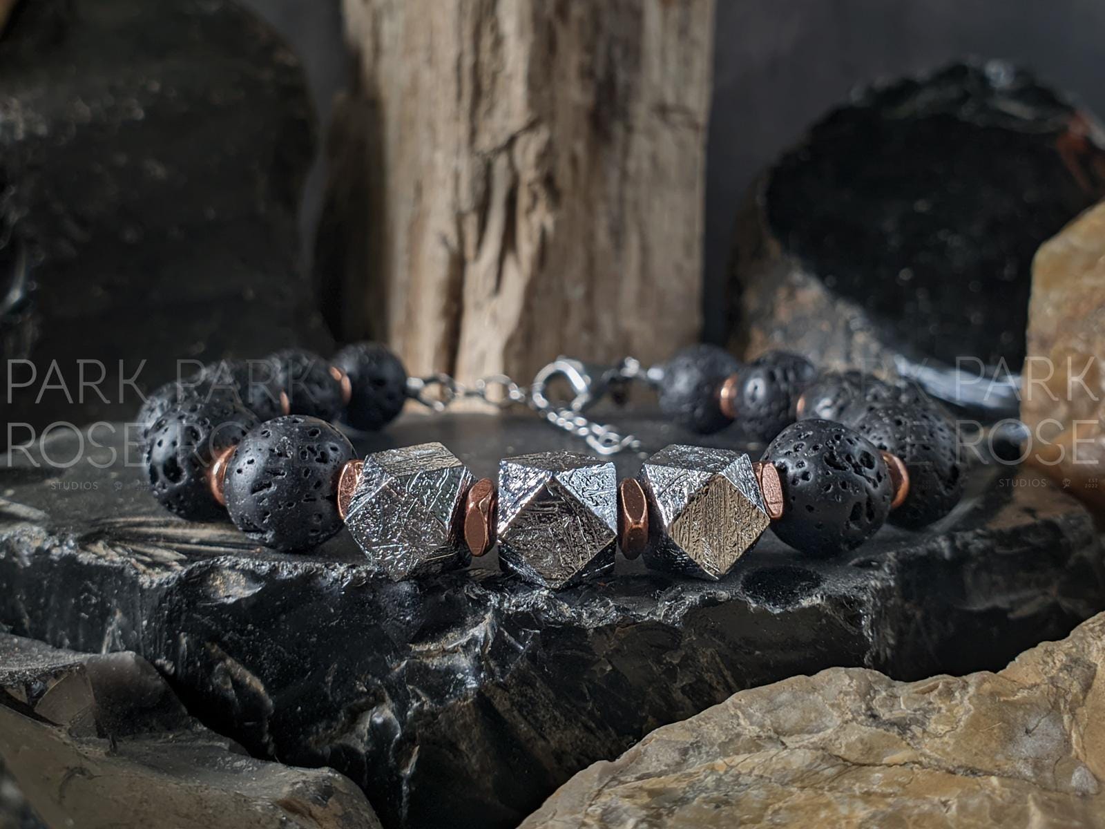 Gibeon Meteorite Lava Bracelet: Chunky Copper Inlay
